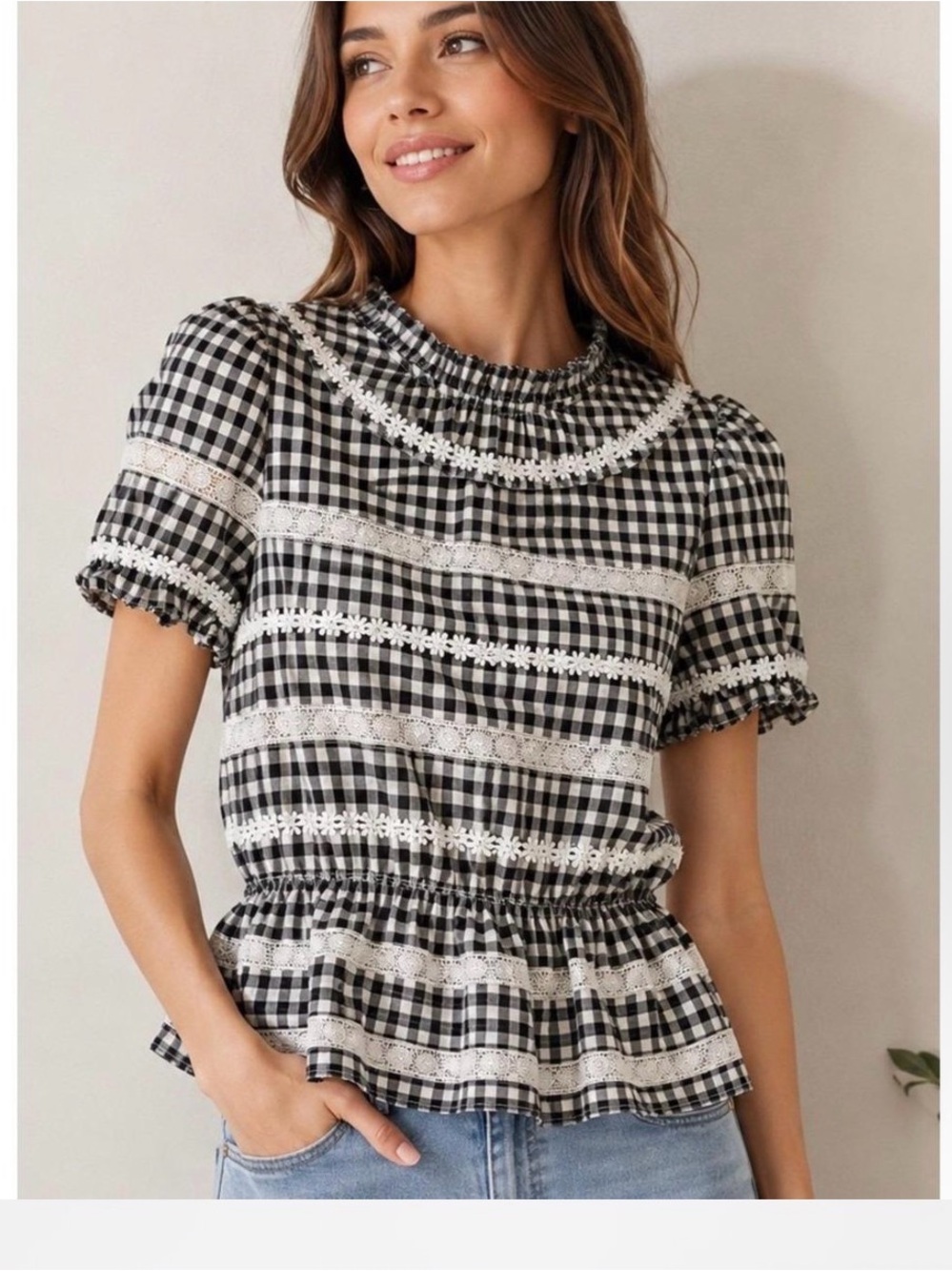 J. Crew Black and White Gingham
Lace-Trim Peplum Top M